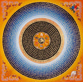 Golden Om Mantra Mandala Thangka with Aum symbol and concentric Tibetan mantra script