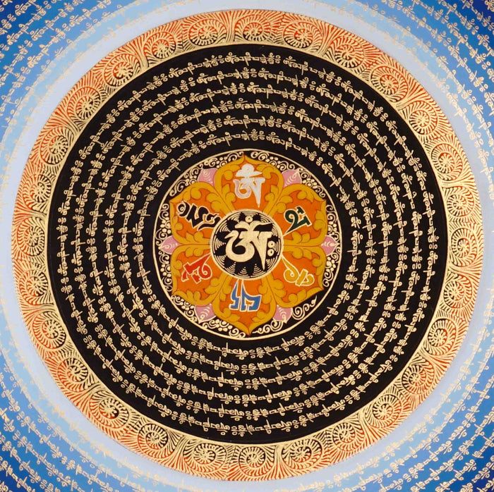 Golden Om Mantra Mandala Thangka with Aum symbol and concentric Tibetan mantra script
