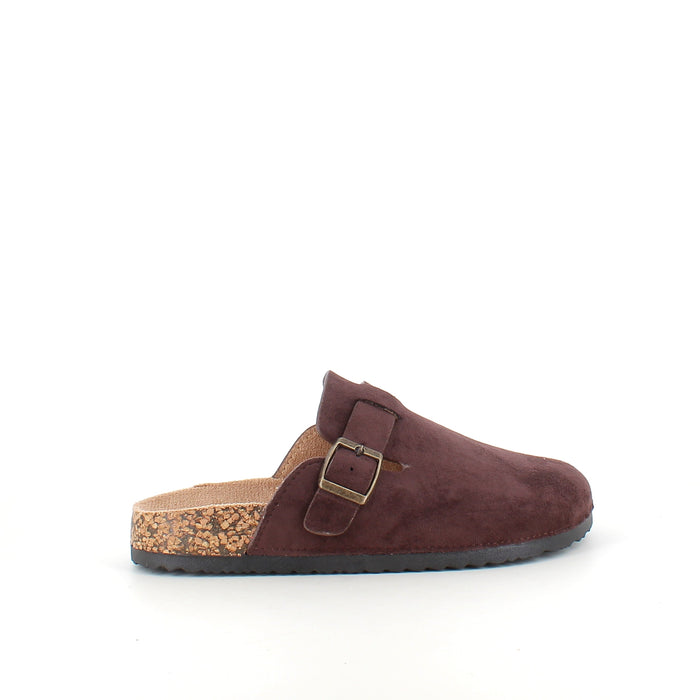 Mörkbrun slip-on sandal i textil med justerbart spänne