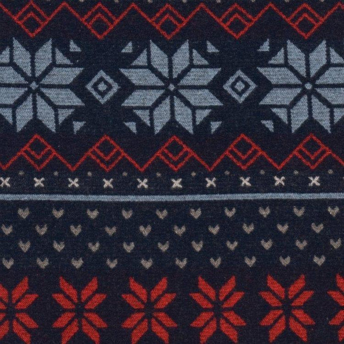 Nordic upholstery fabric with snowflake pattern ski lodge wool blend fabric in navy red and gray tones