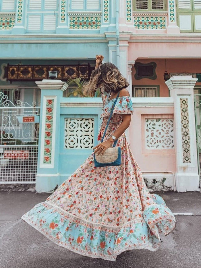 Off-the-shoulder Bohemia Maxi Chiffon Floral Print Dress Beach Style Vacation Dress