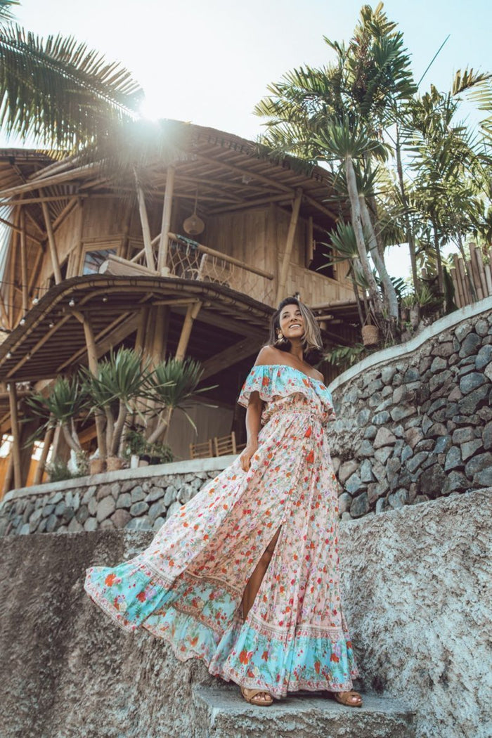 Off-the-shoulder Bohemia Maxi Chiffon Floral Print Dress Beach Style Vacation Dress