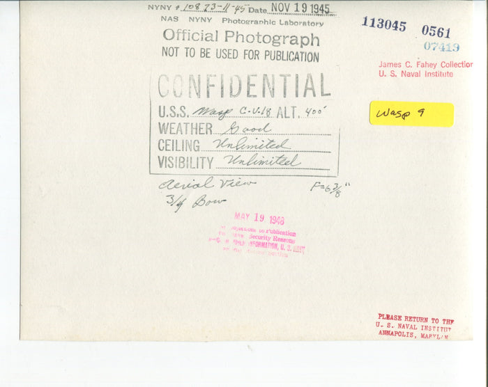 Official Navy Photo of WWII era USS Wasp (CV-18) Aircraft Carrier - Annapolis Maritime Antiques