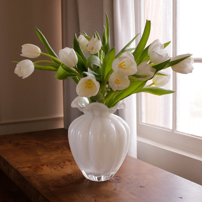 Beatriz Ball Glass Petal Large Vase Cream — With white tulips beside a window