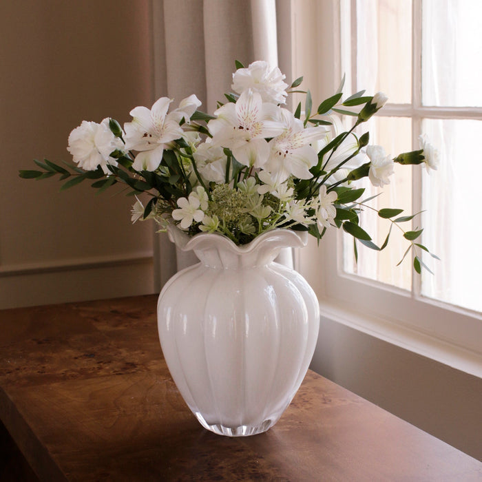 Beatriz Ball Glass Petal Large Vase Cream — With a mixed white floral arrangement