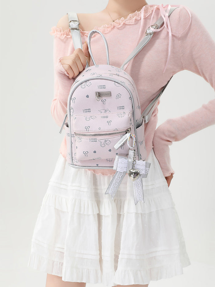 Pink Cute Cat Print Backpack
