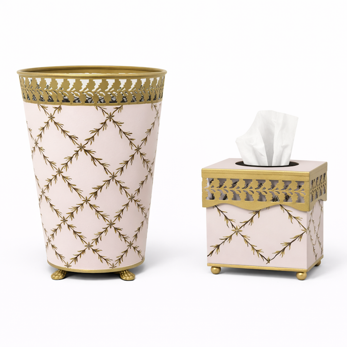 Pink Pierced Gold Leaf Tissue Holder or Wastepaper Basket by The Enchanted Home