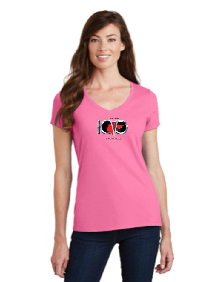 Pontiac 100th Anniversary Ladies Short Sleeve V-neck Gildan T-shirt