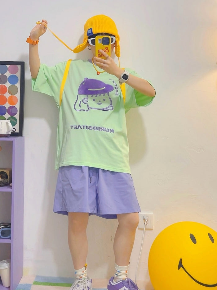 Purple Cartoon and Bold Text Design Green T-Shirt
