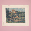 A vintage French offset lithograph of a Cézanne painting, featuring a rural French scene with trees, houses, and a barn.