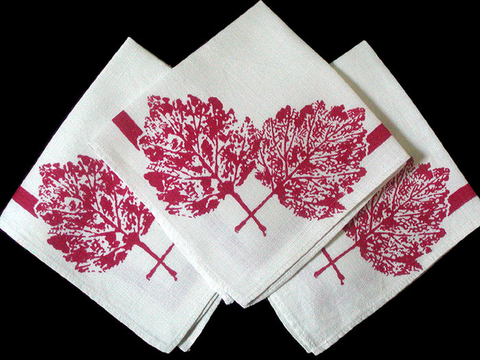 Red Leaves Vintage Linen Napkins Set of 3