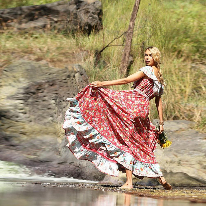 Red Off-the-shoulder Bohemia Maxi Chiffon Floral Print Dress Beach Style Vacation Dress