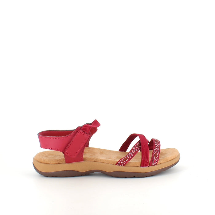 Röd sandal med elastiska remmar och kardborre – feminin och flexibel