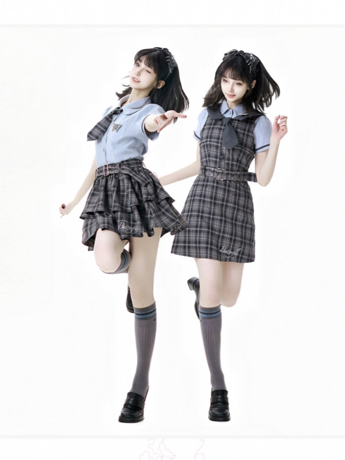 School Style Blue-Grey Plaid Dress / Shirt / Skirt