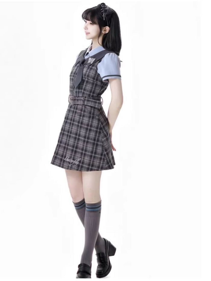 School Style Blue-Grey Plaid Dress / Shirt / Skirt