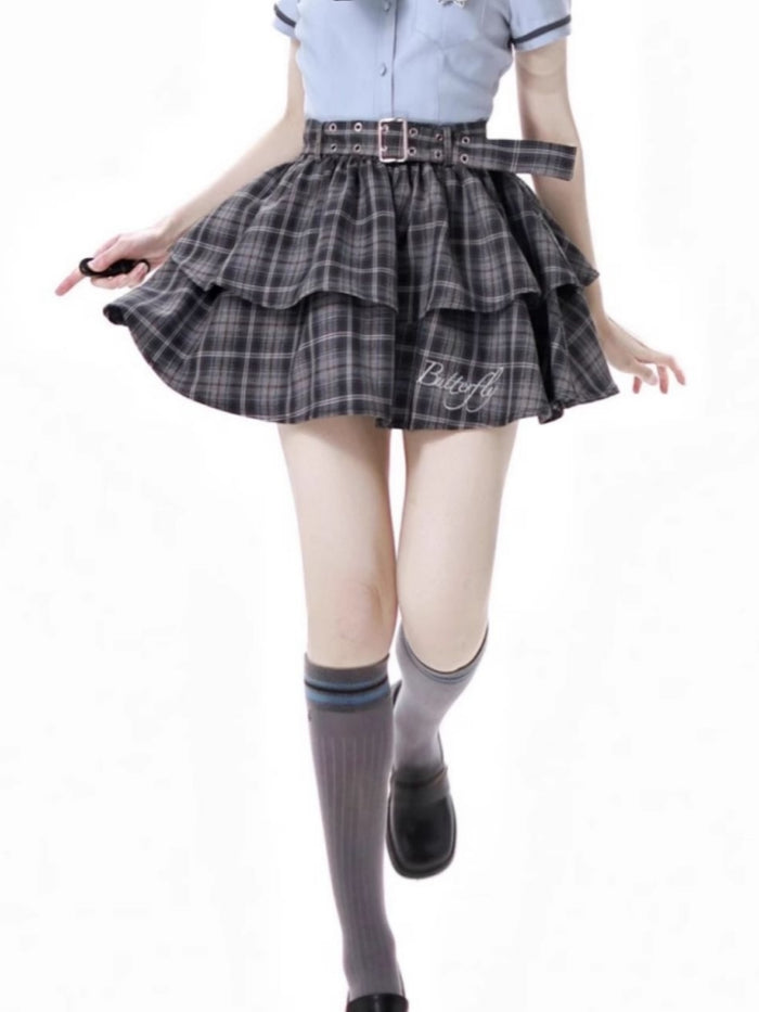 School Style Blue-Grey Plaid Dress / Shirt / Skirt