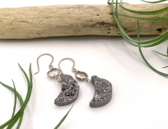 Silver Druzy Moon Earrings