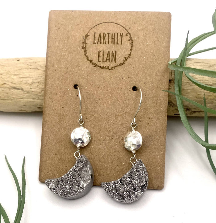 Silver Druzy Moon Earrings