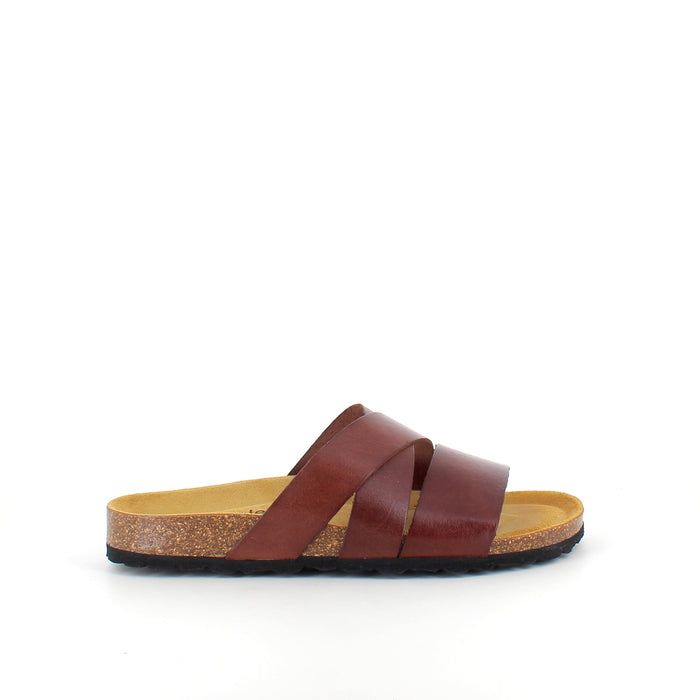 Slip-in sandal i brunt slätt läder med korsremmar