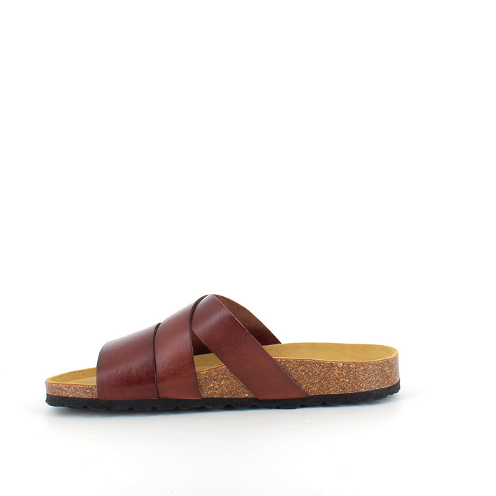 Slip-on sandal i brunt slätt läder med korsremmar – komfort och stöd