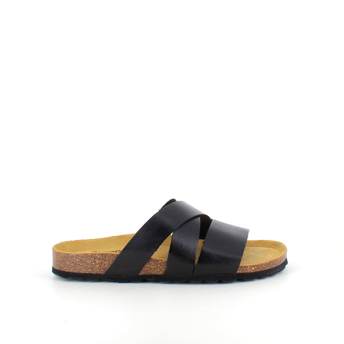 Slip-on sandal i svart slätt läder med korsremmar – komfort och stöd