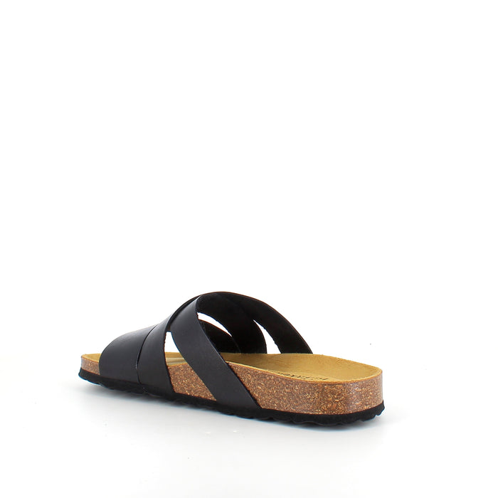 Slip-on sandal i svart slätt läder med korsremmar – komfort och stöd