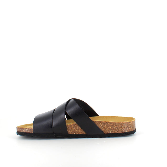 Slip-on sandal i svart slätt läder med korsremmar – komfort och stöd