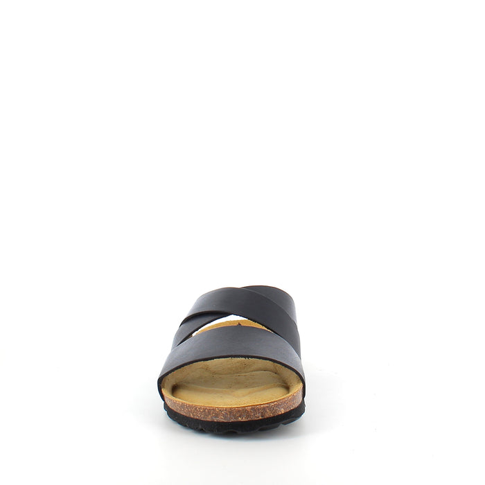 Slip-on sandal i svart slätt läder med korsremmar – komfort och stöd