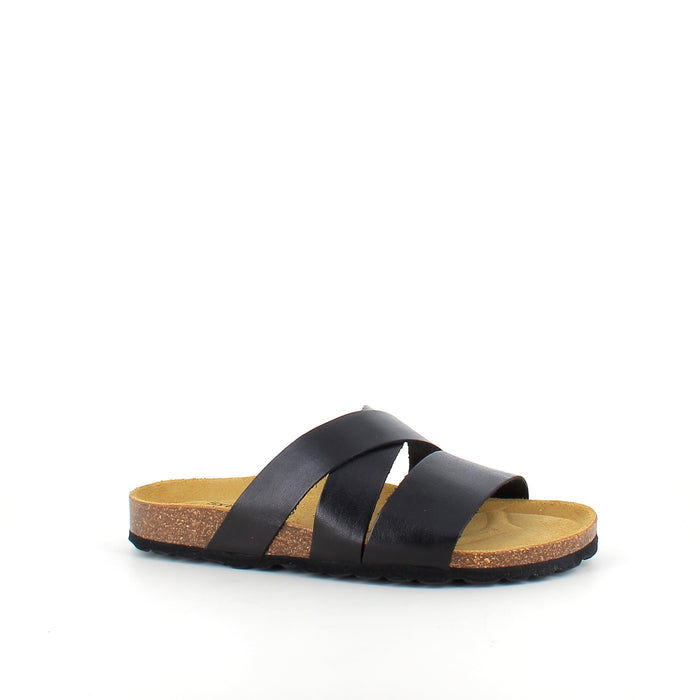 Slip-on sandal i svart slätt läder med korsremmar – komfort och stöd