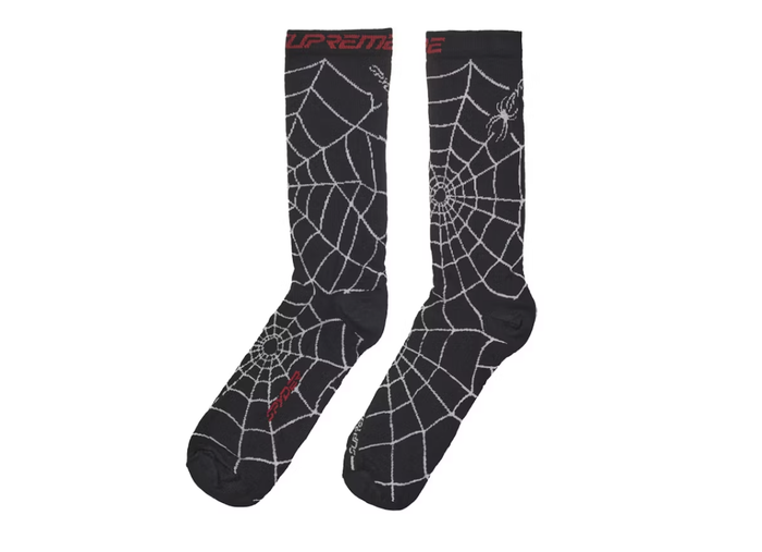 Black Supreme Spyder Crew Socks from Fall/Winter 24 collection, featuring iconic logo