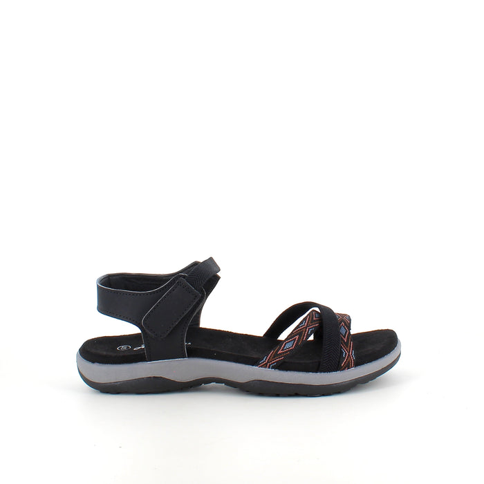 Svart sandal med elastiska remmar och velcro – klassisk och användbar