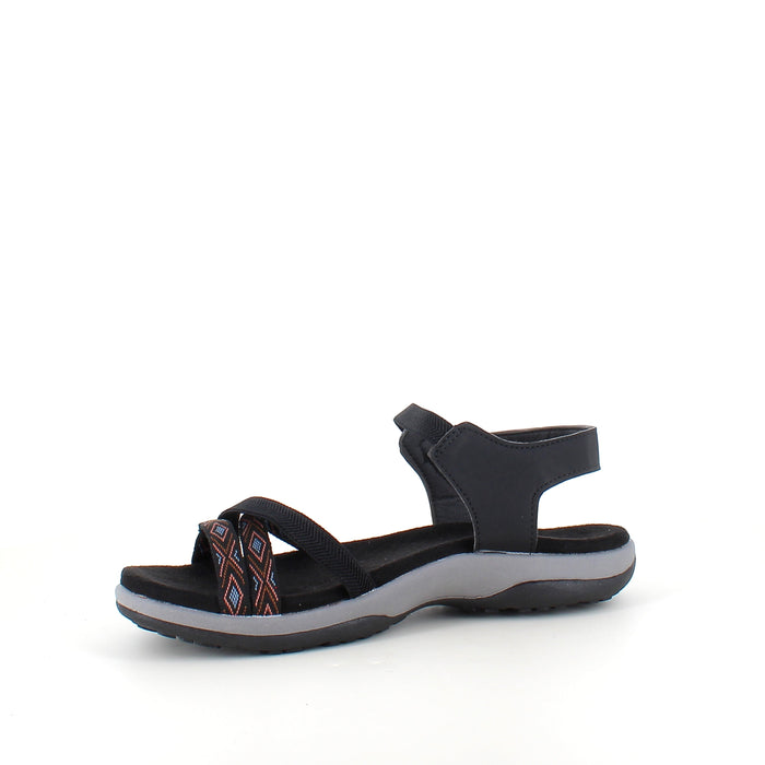 Svart sandal med elastiska remmar och velcro – klassisk och användbar