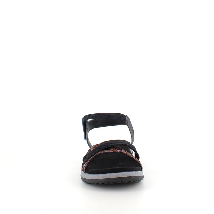 Svart sandal med elastiska remmar och velcro – klassisk och användbar