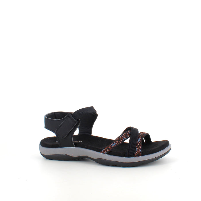 Svart sandal med elastiska remmar och velcro – klassisk och användbar