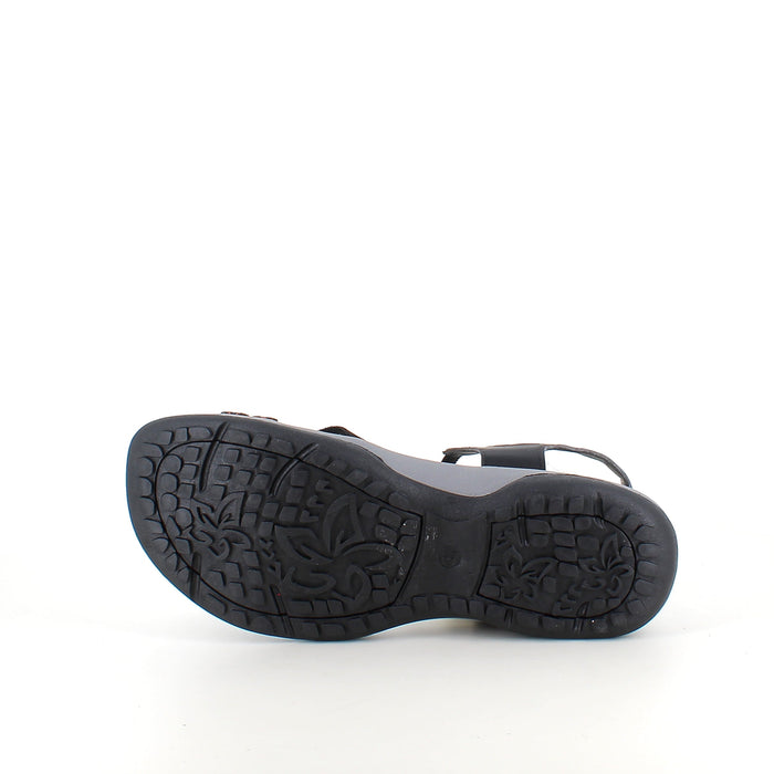 Svart sandal med elastiska remmar och velcro – klassisk och användbar