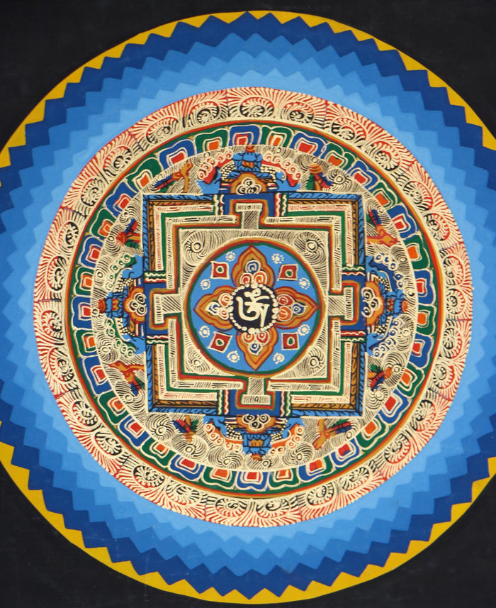 Close view of Round Mandala Thangka  painted by the skilled artisans of Nepal