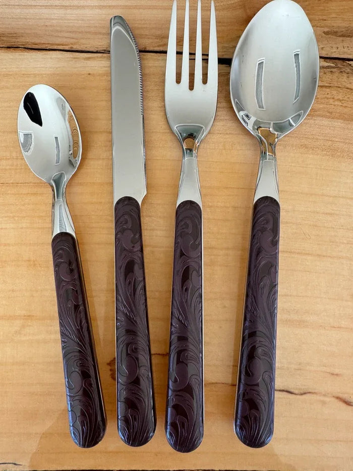 Tooled leather look western flatware set - Your Western Decor