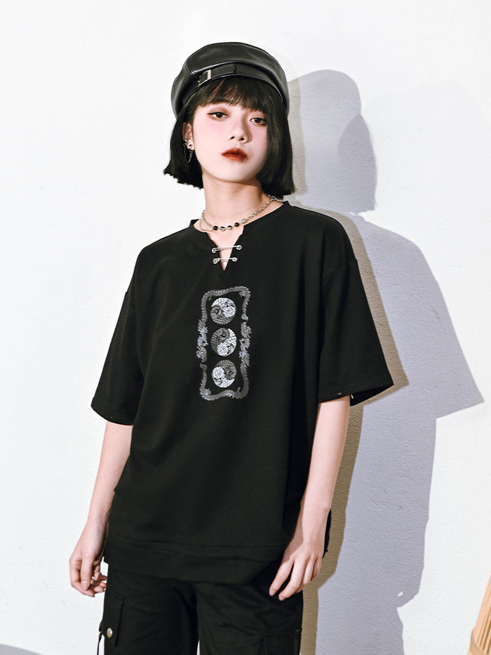 Trendy Chinese-style V-neck top with detachable long sleeves