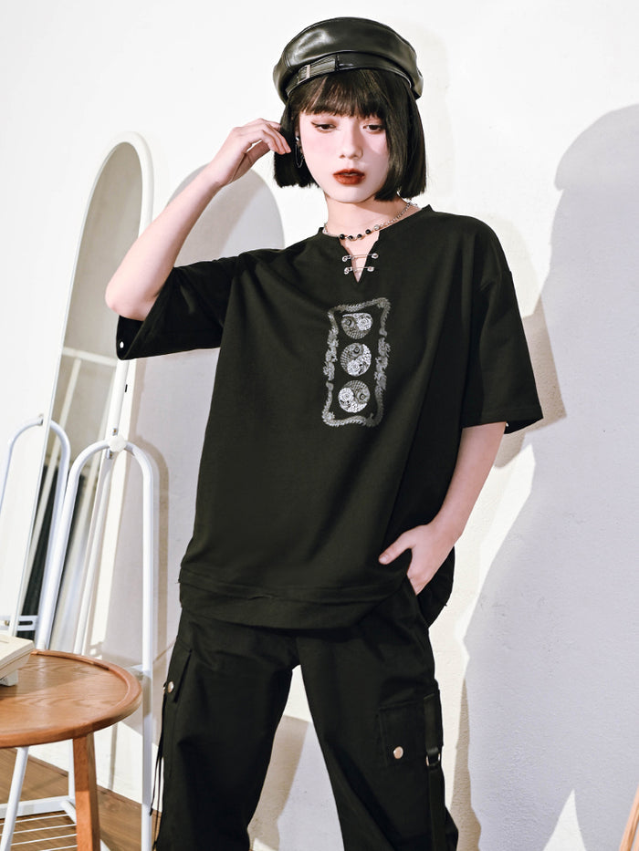 Trendy Chinese-style V-neck top with detachable long sleeves