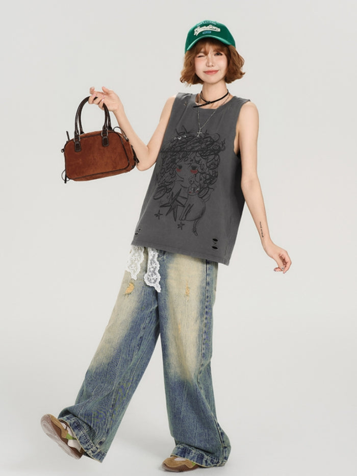 Vintage Distressed Loose Sleeveless T-shirt