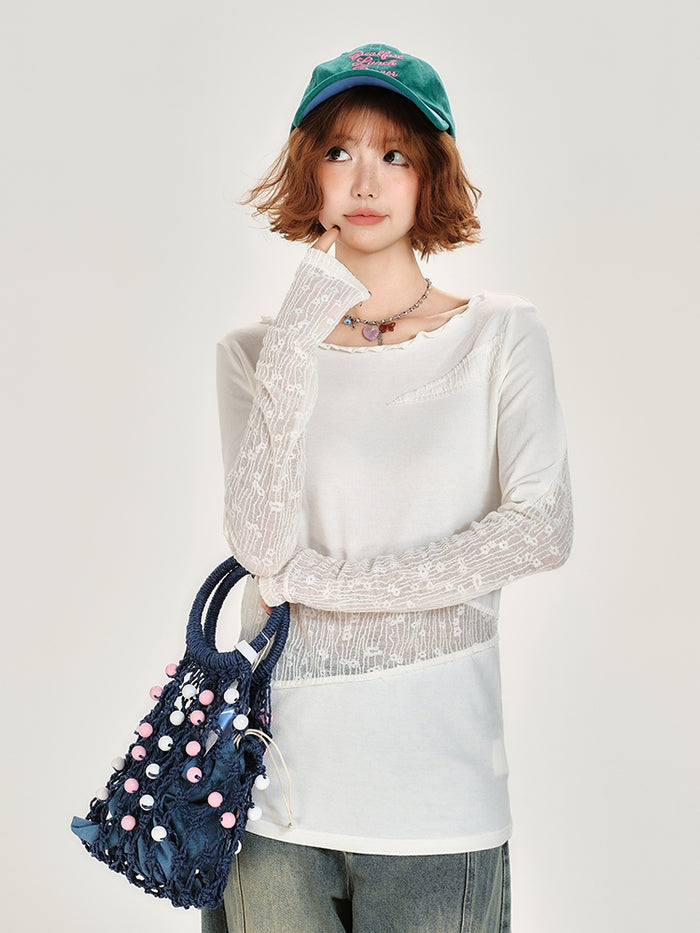 White Lace Asymmetrical Design Patchwork Long Sleeve Top
