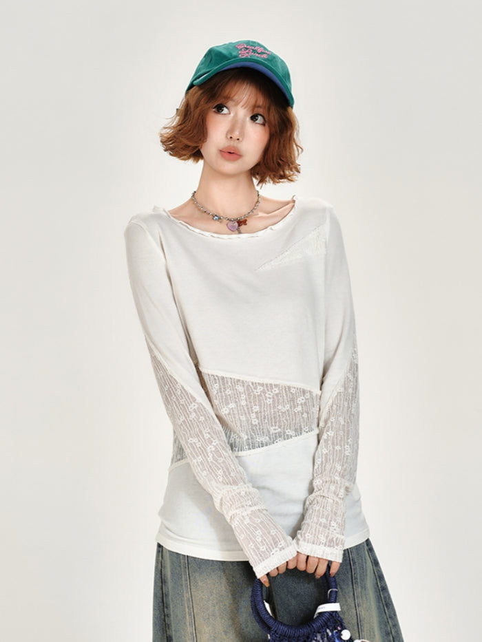 White Lace Asymmetrical Design Patchwork Long Sleeve Top