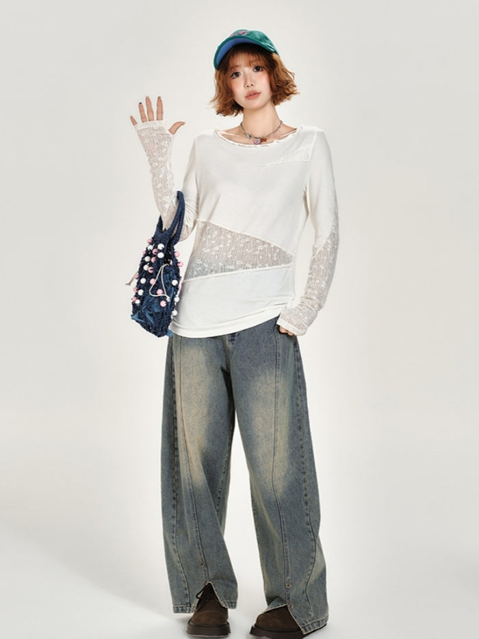 White Lace Asymmetrical Design Patchwork Long Sleeve Top