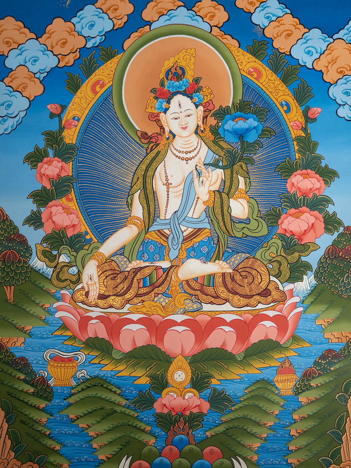 White Tara Thangka Painting  - Sacred Tibetan Art