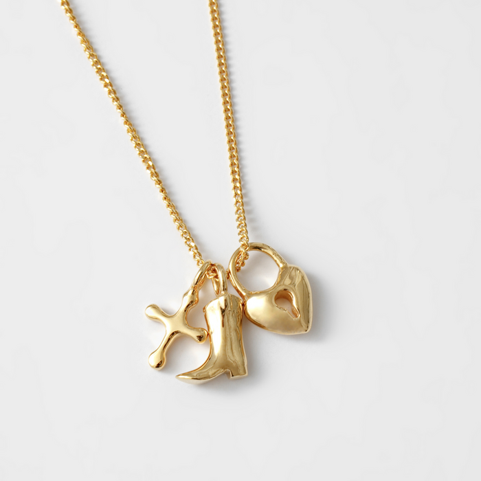 Gold Wolf Circus Boot and Heart Charms on Necklace