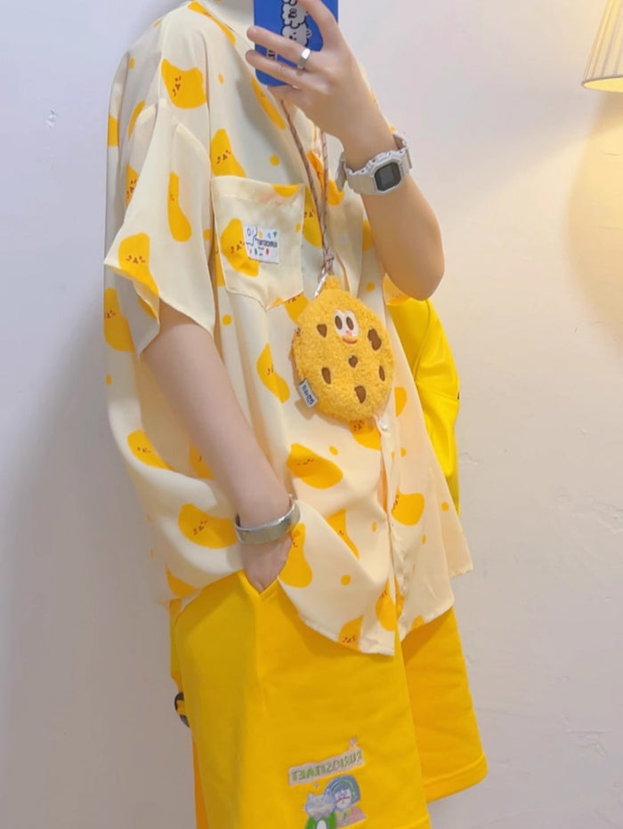 Yellow Chiffon Short-Sleeve Shirt for Summer